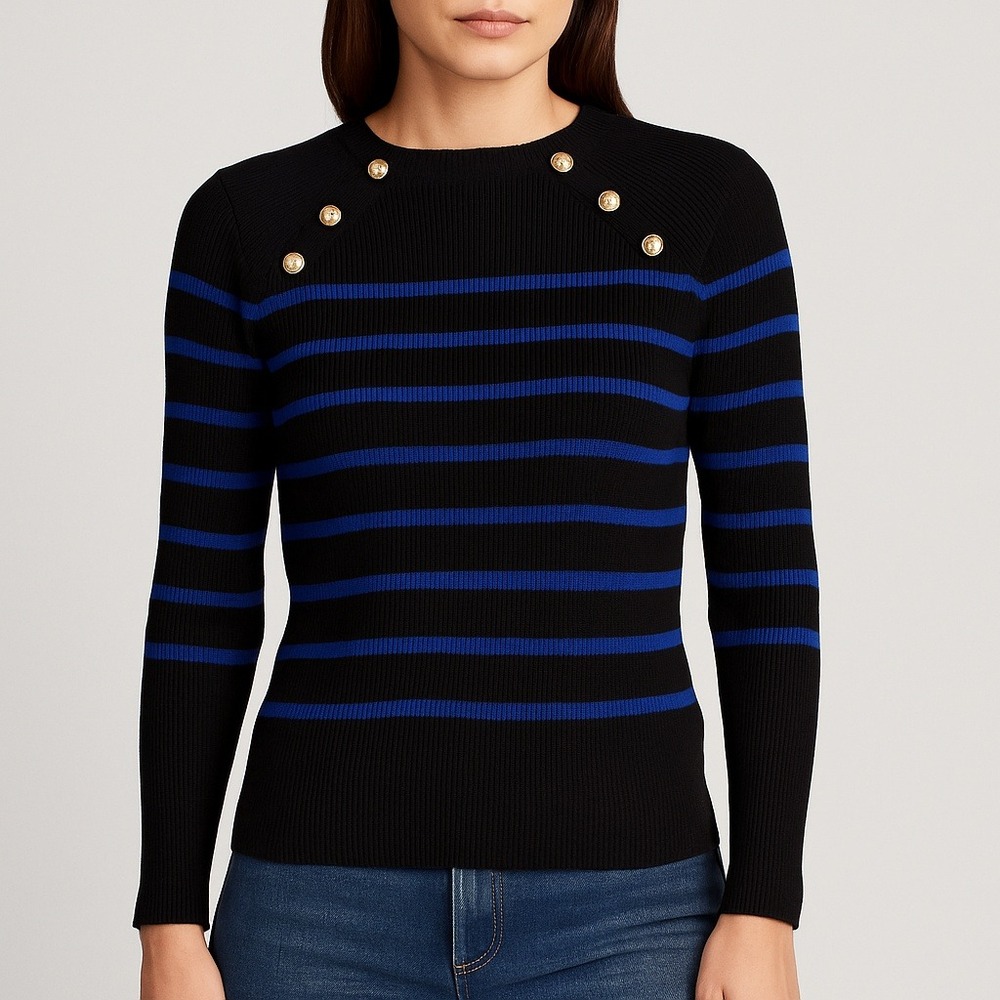 Lauren Ralph Lauren Breton‎ Stripe Nautical Military Sweater Black/Blue Womens M